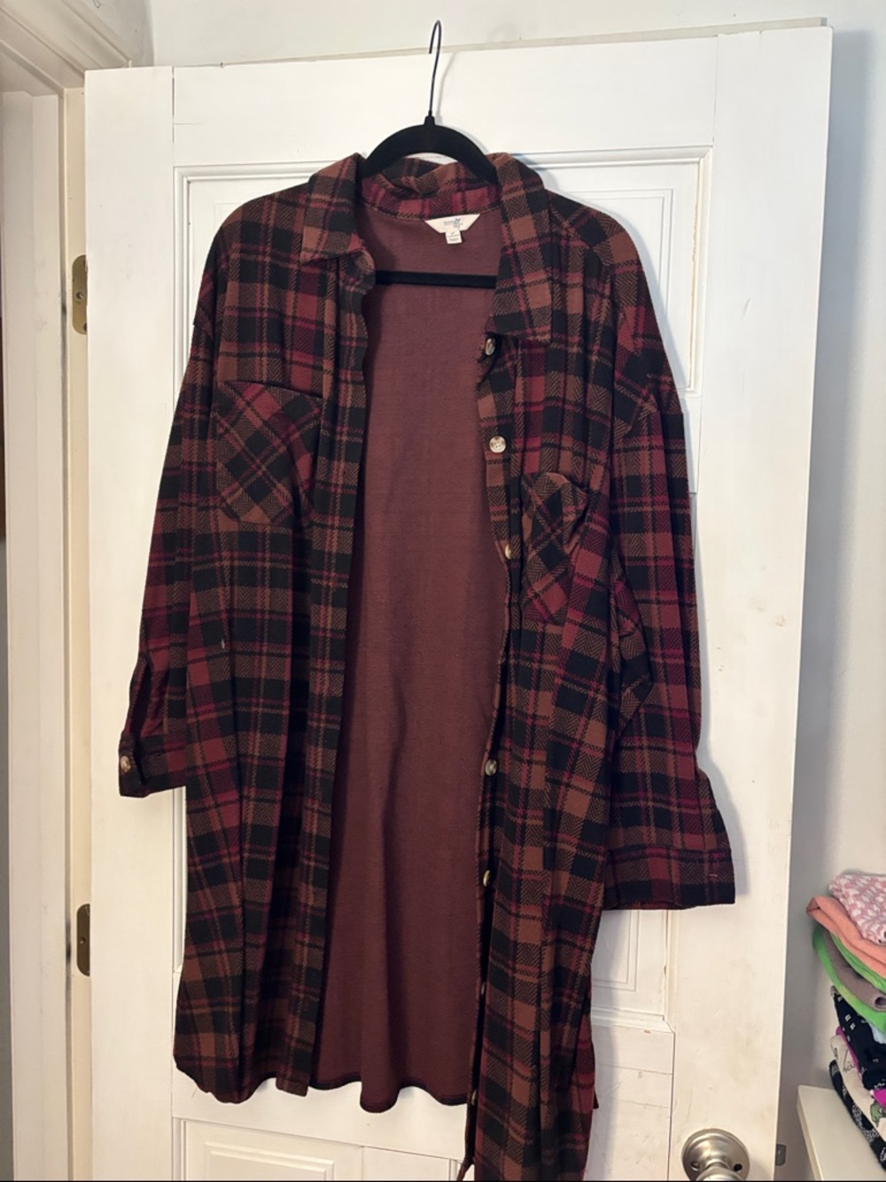 Terra & Sky Burgundy and Black Plaid Longline Shirt Jacket